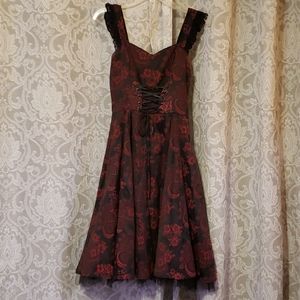 Black and burgundy brocade dress with corset-look